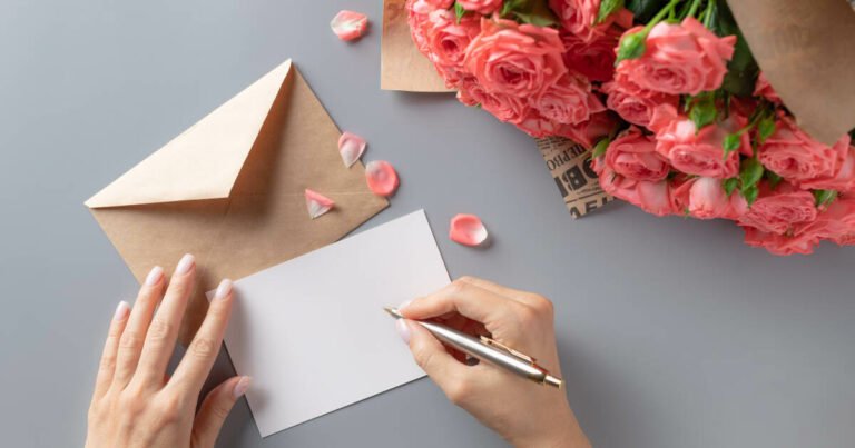 A person writes a message on a blank card with a pen, next to an open envelope and scattered pink rose petals with a bouquet of pink roses is arranged nearby on the table.