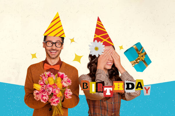 College backdrop with couple overlaid. Text reads Birthday. Wife covers eyes in anticipation, husband holds flowers.