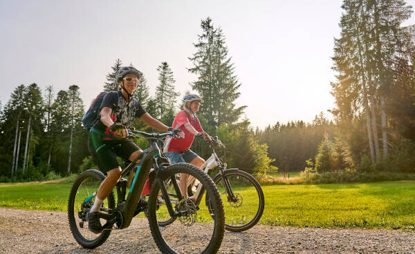 Two senior women enjoying a cycling tour in a woodland area.