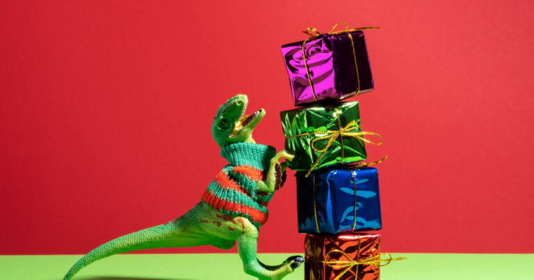 Green dinosaur, wearing a red and green jumper, standing against a tower of 4 gift boxes.