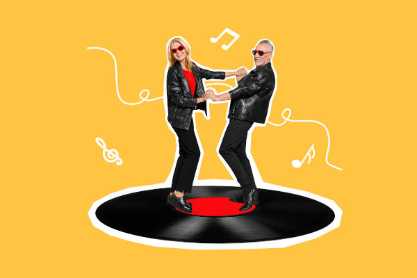 A creative image of a couple in leather jackets, dancing on a vinyl record, musical notes floating against a yellow backdrop.